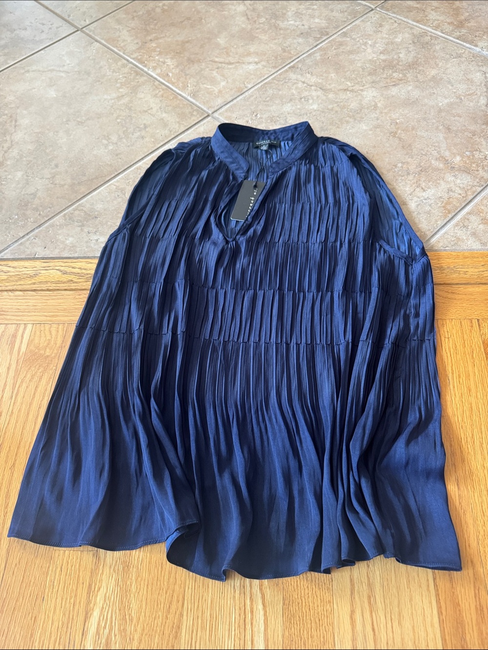 Current Air Navy Pleated Mandarin-Collar Blouse